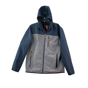 American Worker Jacket Mens Large Gray Navy Blue Softshell Hooded Utility Zip Up